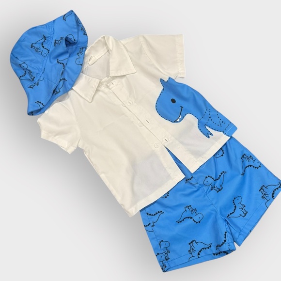2T Dino Outfit Bundle • 3 Complete Sets + Hats • Summer Shorts Sets - Picture 8 of 14
